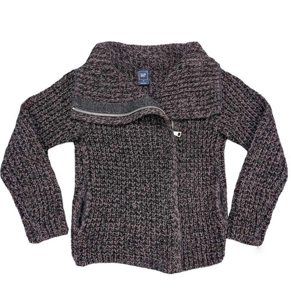 GAP Charcoal Chunky Knit Moto Sweater Jacket Zipper Cotton Pockets Women's XS